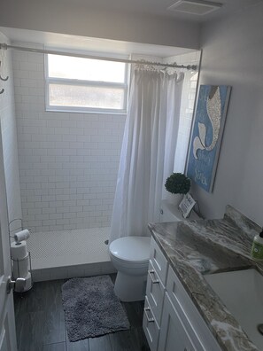 Shower, hair dryer, towels, toilet paper