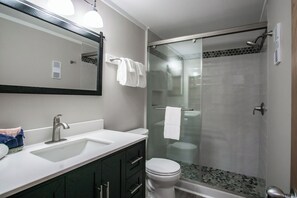 A modern bathroom with a glass-enclosed shower, a white sink, and a toilet. - 2 Br: Powderidge17: Slope Side. on the shuttle route. clean and spacious! (Snowshoe)