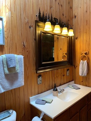 Un baño con paneles de madera, un espejo grande, tres luces empotradas, un lavabo y un perchero para toallas.