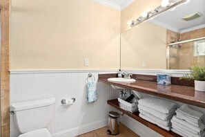 Douche, séchoir à cheveux, serviettes fournies