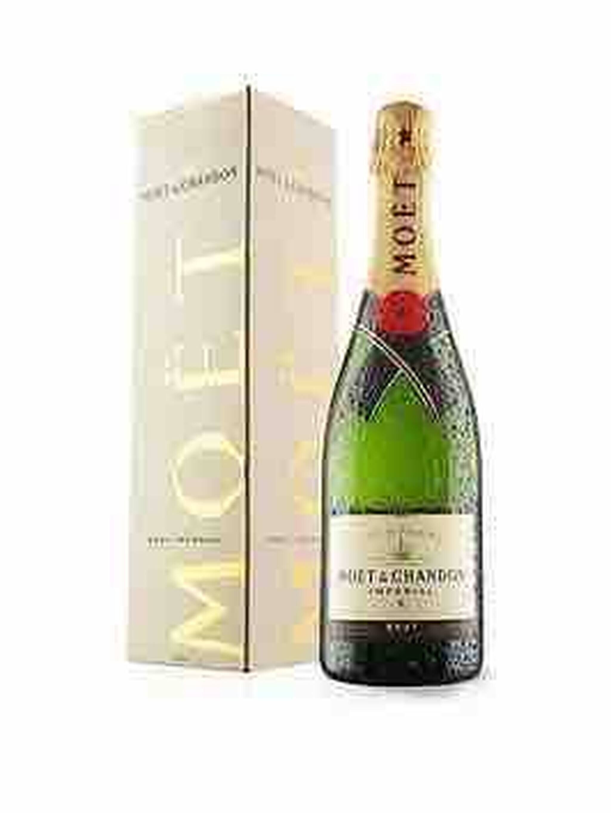 Una botella de champán Moët & Chandon con una caja a un lado.