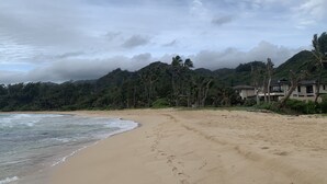 Una playa con huellas, una orilla arenosa y montañas y árboles al fondo.