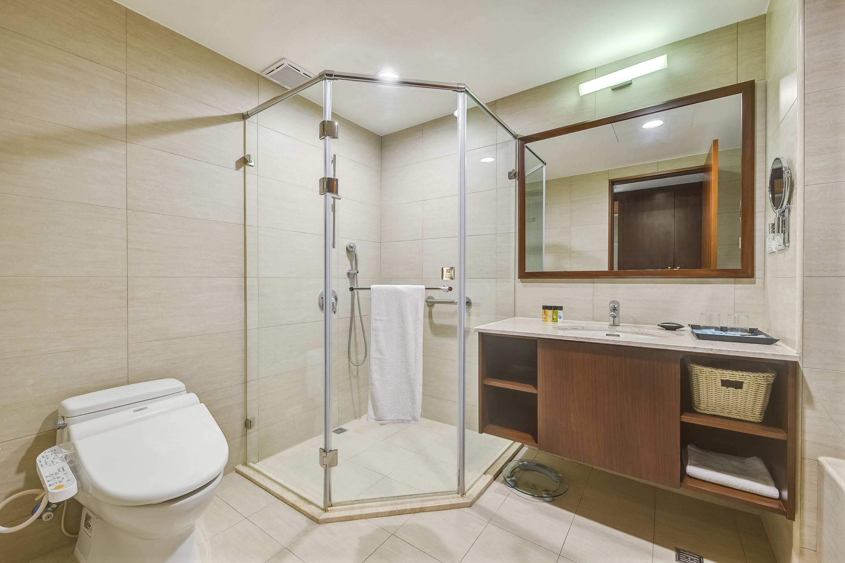 A modern bathroom with a glass-enclosed shower, a toilet, a sink with a mirror, and wooden cabinets.
