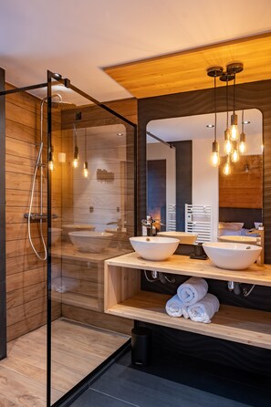 Shower, hair dryer, towels