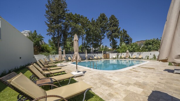 Ein Poolbereich mit Liegestühlen und Sonnenschirmen, umgeben von einer Steinterrasse und Grünflächen.
