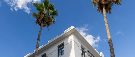 A white building with balconies and palm trees against a clear blue sky.