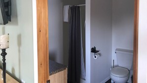 Une salle de bain avec des toilettes, un rideau de douche et un porte-serviettes.