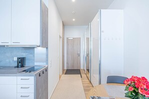 Kühlschrank, Mikrowelle, Herdplatte, Wasserkocher mit Kaffee-/Teezubehör