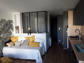 1 chambre, fer et planche à repasser