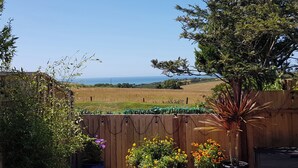 Un jardin avec une clôture en bois, diverses plantes en pot et une vue sur la mer.