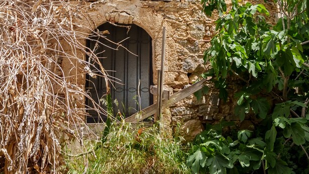 Ein Steinhaus mit einem runden Turm, einer Holztür und üppiger Vegetation.