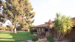 A patio area with a brick pathway, a table and chairs, and various plants.