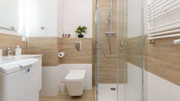 Dusche, Haartrockner, Handtücher, Shampoo