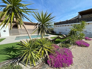 A pool area with a clear sky, palm trees, and purple flowers.