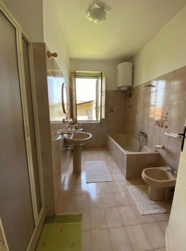 Combined shower/bathtub, hair dryer, bidet, towels