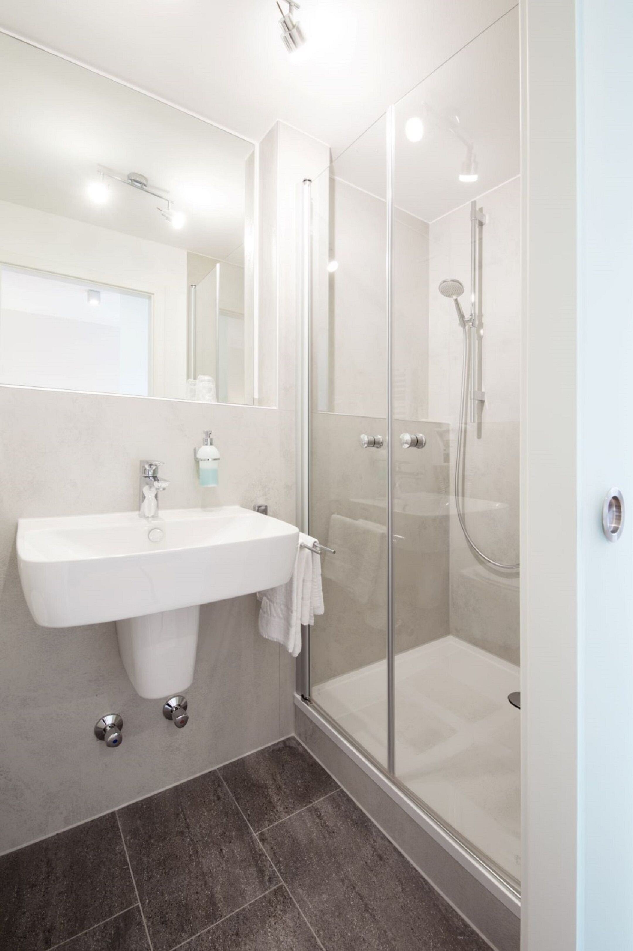 A modern bathroom with a glass-enclosed shower, a white sink, and a mirror above the sink.
