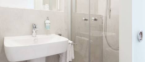 A modern bathroom with a glass-enclosed shower, a white sink, and a mirror above the sink.