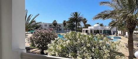 A pool area with palm trees and a building with a dome in the background.