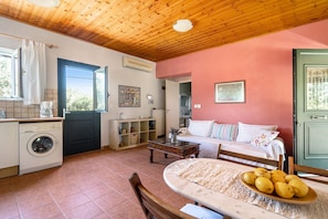 A compact living space with a washing machine, a dining table with a bowl of lemons, a sofa, and a wooden ceiling.