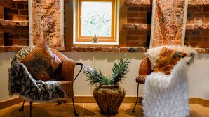 A room with two chairs, one with a leopard print cover and another with a white furry cover, a potted plant, and a brick wall with a window. - The Hyde Dovecote Kinver, pet Friendly Holiday let (Stourbridge)