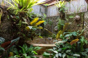 A lush garden with a stone hot tub surrounded by various tropical plants. - Bali Firefly BnB (Ubud)