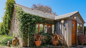 A rustic building with ivy-covered walls, large potted plants, and a wooden door. - Abalone (Bude)