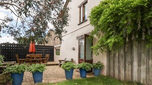 A patio area with a wooden table and chairs, potted plants, and a wooden deck. - Oyster (Bude)