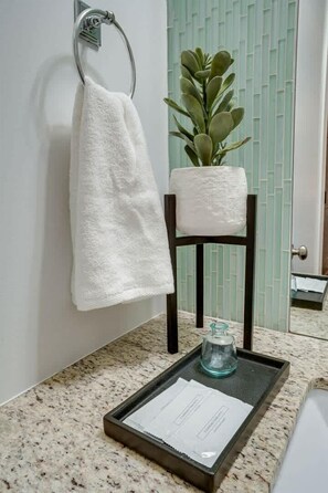 Combined shower/bathtub, hair dryer, towels, shampoo