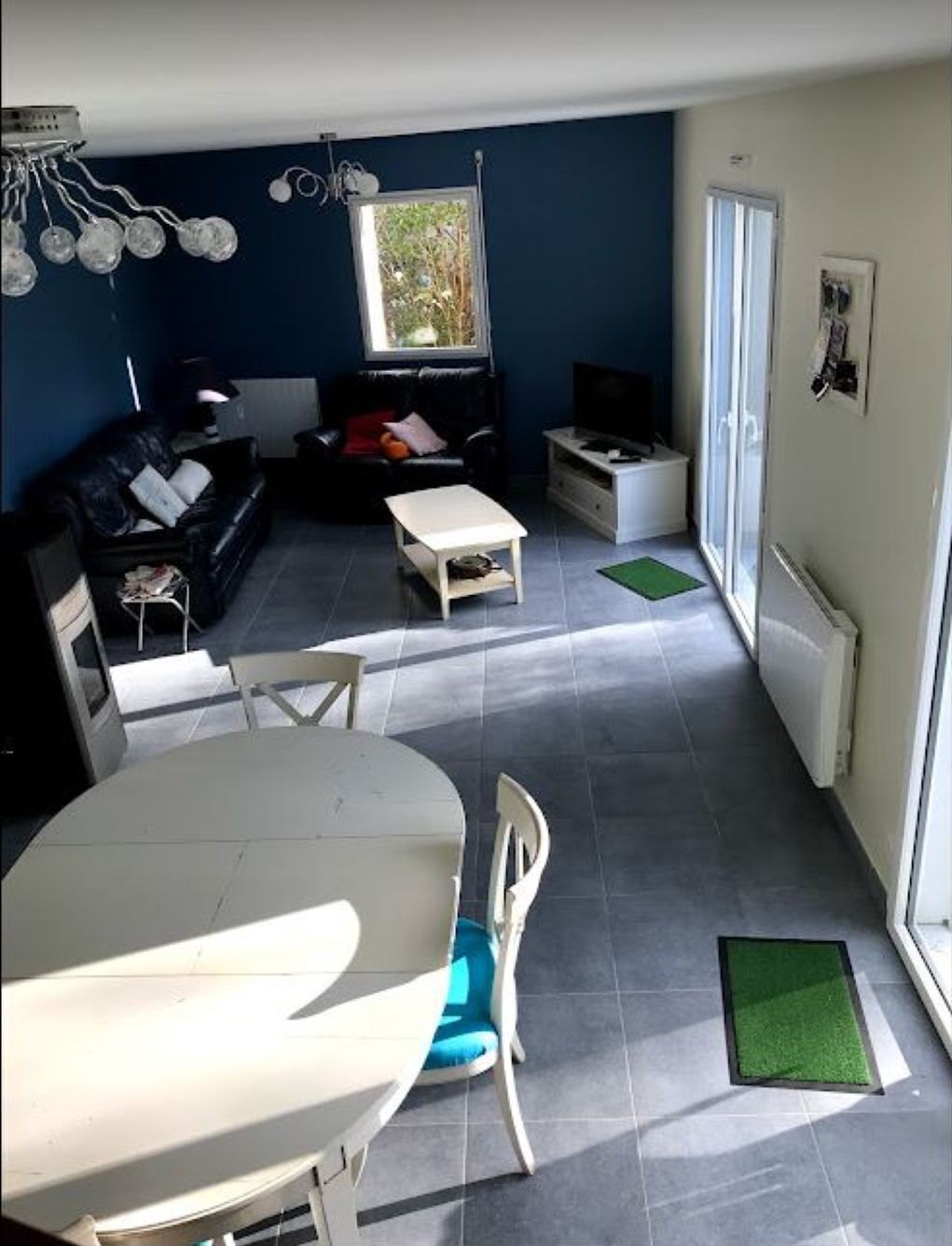 Un salon avec un canapé, une table basse et un téléviseur. Une fenêtre offre une vue sur la verdure à l’extérieur.