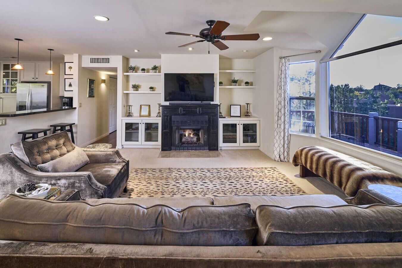 Smart TV, fireplace, books