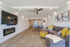 Smart TV, fireplace, books