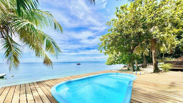 A wooden deck with a swimming pool, palm trees, and a view of the ocean.