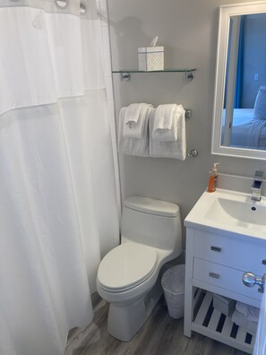 Une salle de bain moderne équipée de toilettes, d’un lavabo et d’une douche à parois en verre.