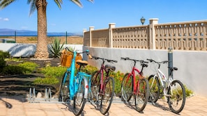 A row of bicycles parked against a wall with a fence and palm trees in the background.