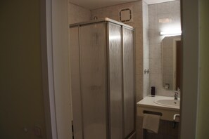 A bathroom with a walk-in shower, a sink, and a mirror.