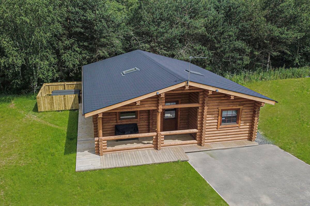 A wooden cabin with a dark roof, a porch, and a concrete pathway leading to it.