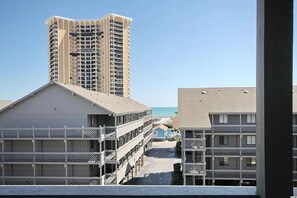 Guests can enjoy scenic views of the surrounding water from the hotel's upper floors, which feature spacious balconies on each level.