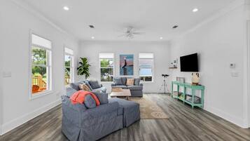 TV connectée, cheminée, livres, espaces bureaux