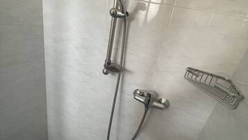 Shower, rainfall showerhead, hair dryer, bathrobes