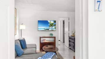 Leilighet – comfort, 1 soverom, bakgårdsutsikt, gårdsplassområde | Oppholdsområde | En 55-tommers TV med digitale kanaler samt strømmetjenester