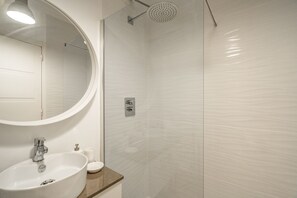Douche, sèche-cheveux, serviettes fournies, shampoing