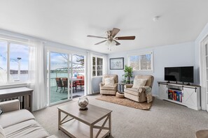 Smart TV, fireplace, books