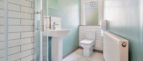 Un baño con cabina de ducha de vidrio, un lavamanos blanco y un inodoro.