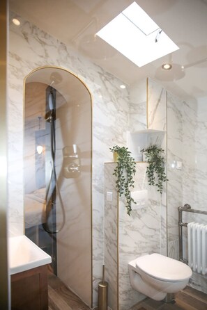 A modern bathroom with a shower, toilet, and a mirror with a gold frame. - Charmant Appartement à Montmartre - 4P - Paris 18 (Paris)