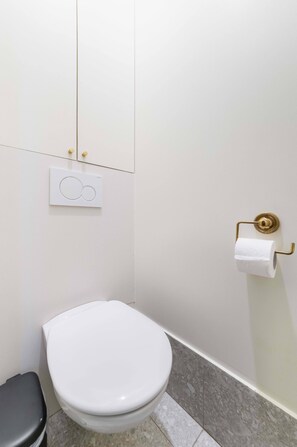 Shower, hair dryer, towels, shampoo
