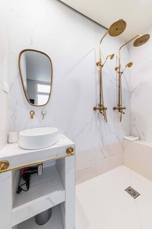 Shower, hair dryer, towels