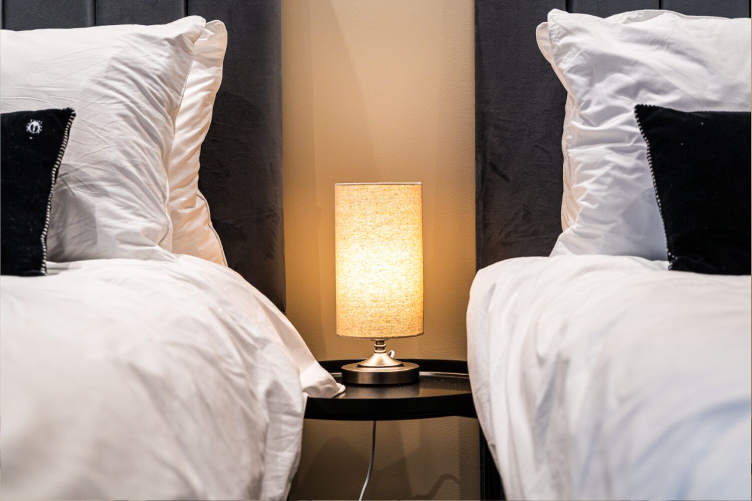 A hotel room with two beds, a bedside table with a lamp, and a dark-colored wall.