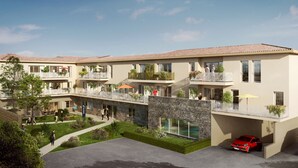 A modern multi-story building with balconies, outdoor seating, and a parking area. - Domitys - Regalecia (Uzès)
