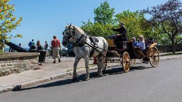 Une calèche tirée par des chevaux se trouve dans une rue où des gens se promènent et sont assis sur des bancs.