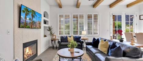 Télévision, cheminée, espaces bureaux